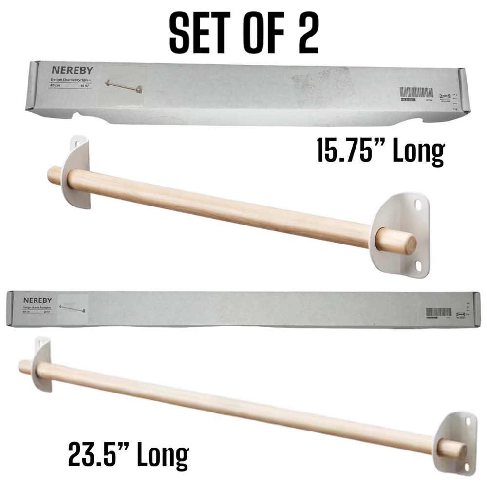 🆕 IKEA NEREBY Solid Birch Rail Wall Organizing Hanging Rods x2 15.75" & 23.5” L